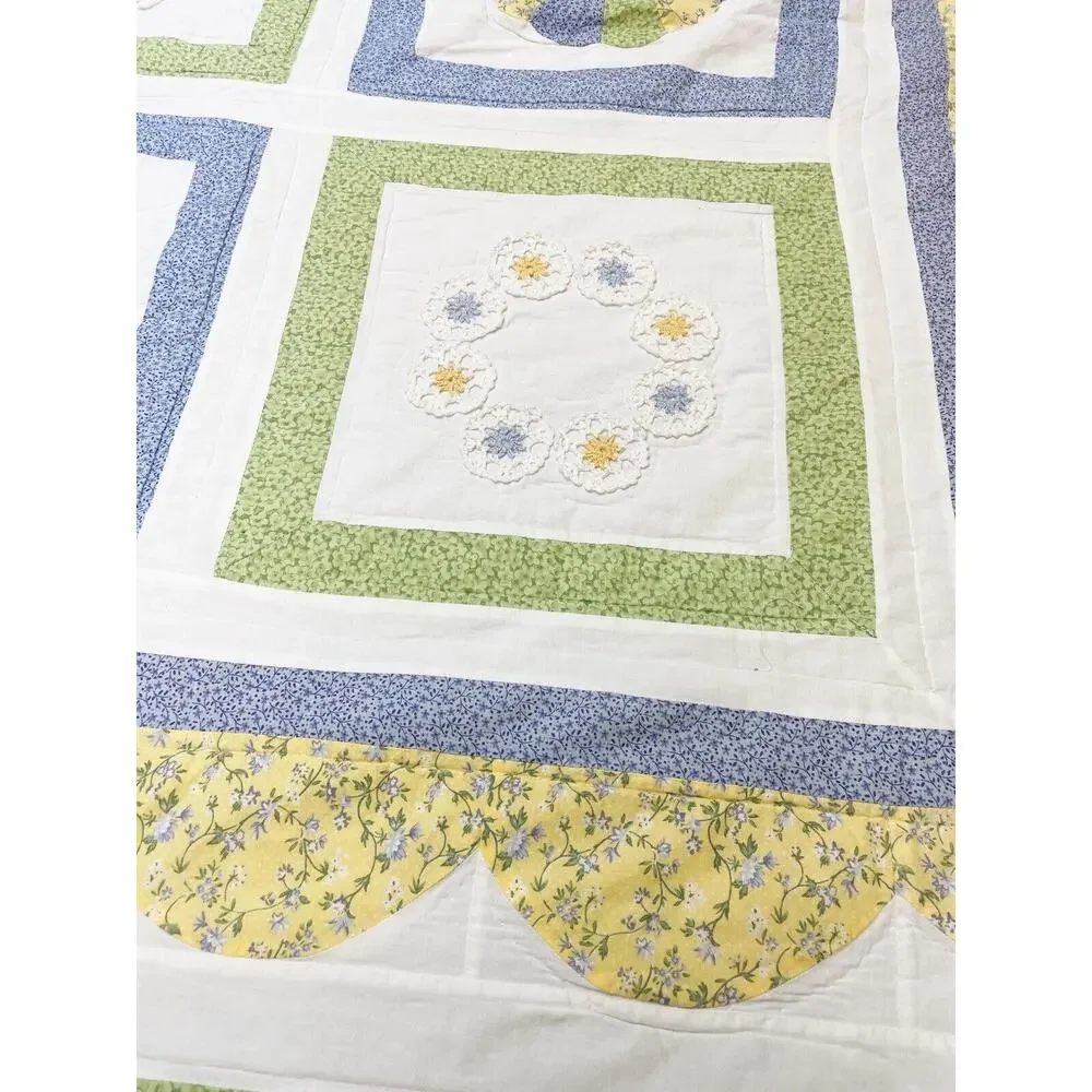 Handmade Full Size Blue Yellow Green Floral Quilt Scallop Doily Reversible